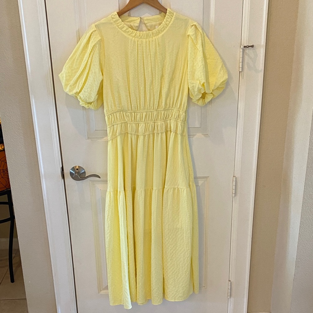THML Light Yellow Puff Sleeve Midi Dress